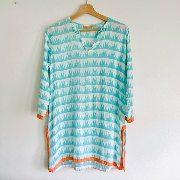 Oliphant Cotton Tunic Top Split V Neck 3/4 Sleeve White W/ Aqua Aloe Print Sz XS - Picture 13 of 13